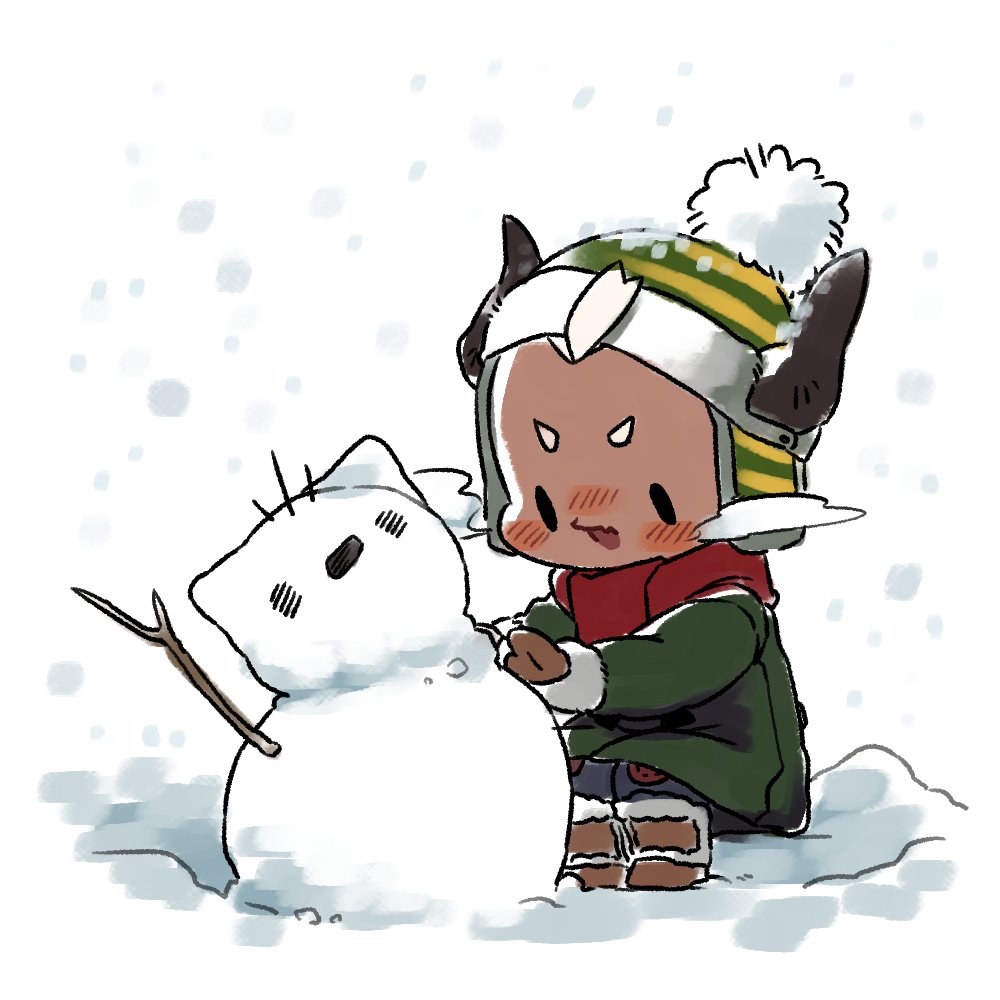 1boy azathoth_(housamo) beanie black_hood brown_footwear chibi chibi_only coat dark-skinned_male dark_skin fang full_body green_coat hat male_focus mid_(mid_skb) open_mouth pom_pom_(clothes) pom_pom_beanie red_scarf scarf skin_fang snowing snowman solo tokyo_houkago_summoners winter_clothes
