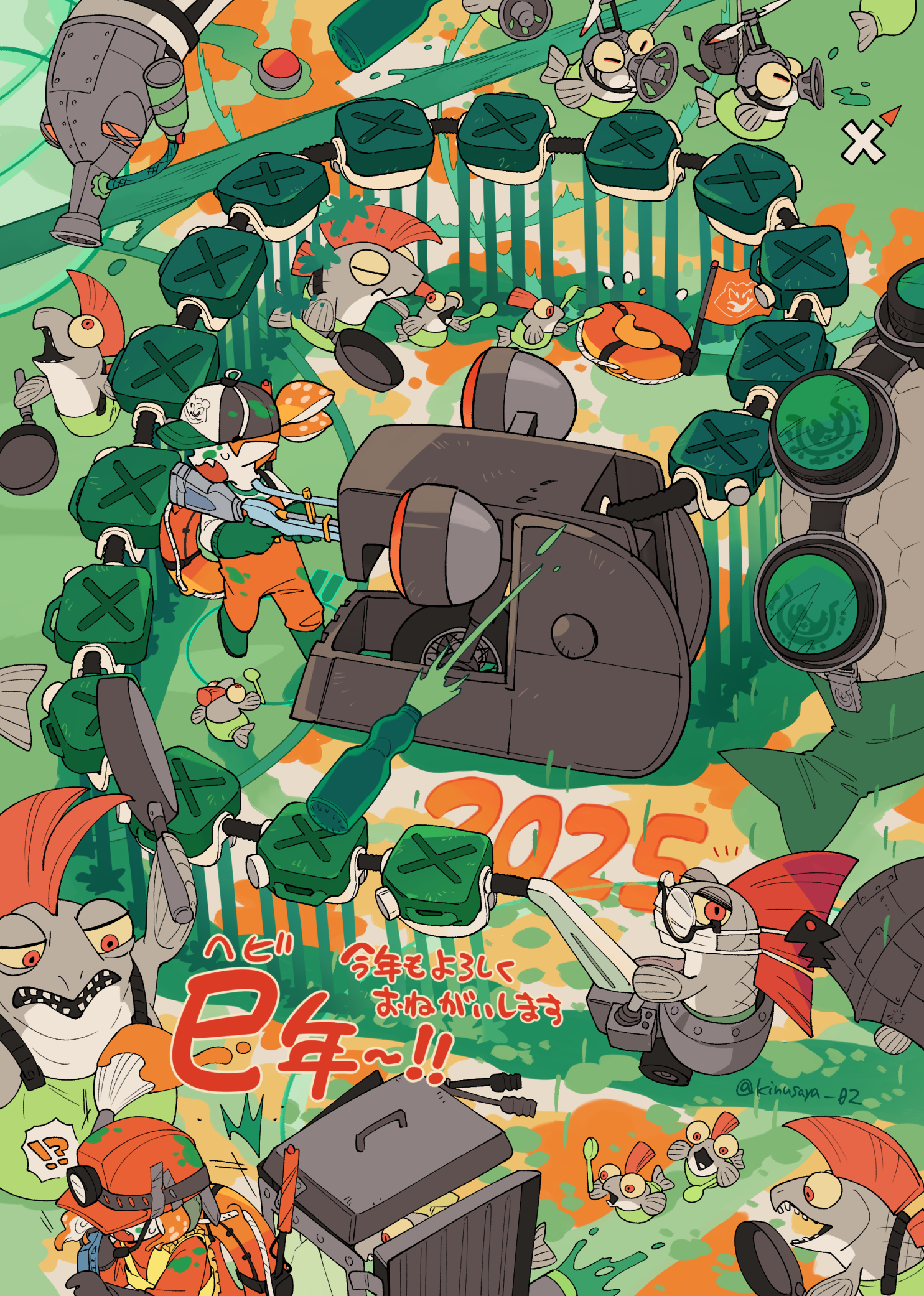 !? 2025 2others artist_name baseball_cap black_gloves black_hat boots bulging_eyes chum_(splatoon) cohock_(splatoon) colored_sclera commentary_request drizzler_(splatoon) elbow_gloves fang fish_stick_(splatoon) flipper-flopper_(splatoon) frying_pan gloves green_footwear green_gloves hat headlamp headset helmet high-visibility_clothing high-visibility_vest highres holding holding_frying_pan holding_spoon holding_weapon inkbrush_(splatoon) inkling inkling_player_character jumpsuit kinusaya_endow lifebuoy mining_helmet mohawk multiple_others new_year nintendo no_eyes open_mouth orange_hair orange_helmet orange_jumpsuit orange_overalls overalls paint_splatter paint_splatter_on_face pointy_ears ponytail red_eyes red_hair rubber_boots rubber_gloves salmon_run_(splatoon) salmonid scrapper_(splatoon) shirt short_hair smallfry_(splatoon) splatoon_(series) splatoon_3 spoon squiffer_(splatoon) steel_eel_(splatoon) steelhead_(splatoon) surrounded sweatdrop swim_ring tentacle_hair translation_request weapon white_shirt yellow_sclera