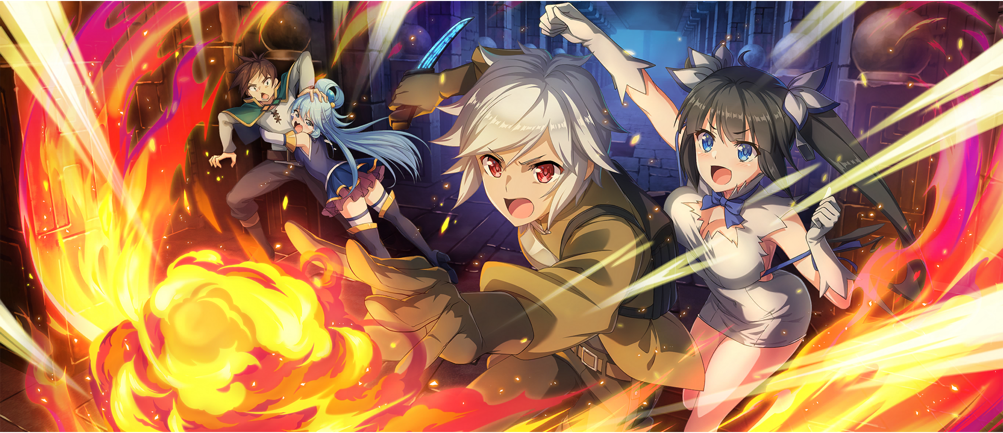 2boys 2girls aqua_(konosuba) arm_up armor armpit_crease backpack bag bell bell_cranel belt belt_buckle black_gloves black_hair black_pants blue_boots blue_bow blue_bowtie blue_eyes blue_hair blue_ribbon blue_shirt blue_skirt boots bow bowtie breastplate breasts brown_belt brown_coat brown_hair buckle cape cleavage cleavage_cutout clenched_hands clothing_cutout coat covered_navel crossover crying_aqua_(meme) detached_sleeves dress dungeon dungeon_ni_deai_wo_motomeru_no_wa_machigatteiru_darou_ka fire forced_hug furrowed_brow game_cg gloves green_cape hair_bell hair_ornament hair_petal hair_rings hand_up hestia_(danmachi) high_heel_boots high_heels highres holding holding_knife holding_weapon indoors knife kono_subarashii_sekai_ni_shukufuku_wo! konosuba!_fantastic_days large_breasts long_hair long_sleeves looking_ahead looking_at_another magic meme miniskirt multiple_boys multiple_girls official_art open_mouth pants pencil_dress pushing_away pyrokinesis red_eyes rei_no_himo ribbon satou_kazuma scared serious shirt short_dress short_hair sideboob sidelocks single_hair_ring skirt sleeveless sleeveless_dress sleeveless_shirt tears thighhighs thighhighs_under_boots twintails v-shaped_eyebrows wavy_mouth weapon white_dress white_gloves white_hair white_shirt white_sleeves white_thighhighs zettai_ryouiki