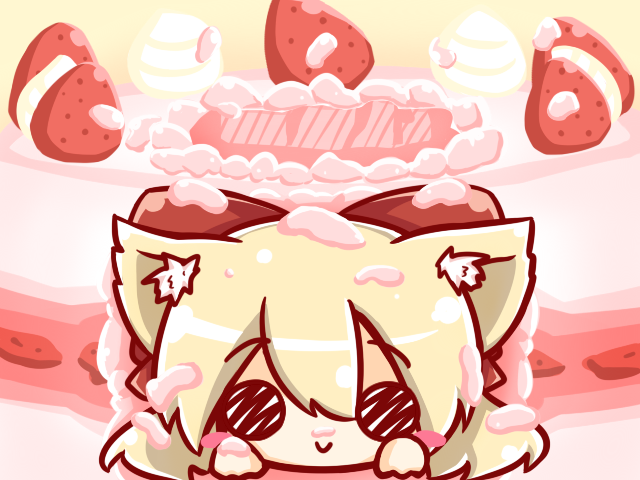 1girl animal_ears blonde_hair blush bow cake cat_ears chibi cream food fruit hair_bow long_hair lying ritateo shanghai_doll smile solid_circle_eyes strawberry touhou