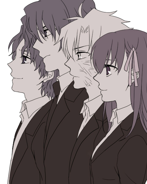 1girl 3boys brother_and_sister brothers fate/stay_night fate/zero fate_(series) father_and_son formal_clothes hair_ribbon long_hair matou_byakuya matou_kariya matou_sakura matou_shinji multiple_boys ribbon ronpaxronpa short_hair siblings smile suit wavy_hair