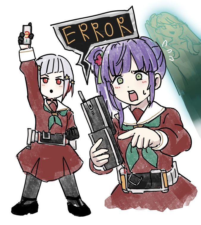 3girls :o black_choker black_gloves black_pantyhose black_shoes bob_cut brown_dress cellphone choker commentary_request cropped_torso diagonal_bangs dress error_message flip_phone flower flying_sweatdrops fujishima_megumi gloves green_eyes green_neckerchief grey_hair hair_bun hair_flower hair_ornament half_gloves hasu_no_sora_school_uniform holding holding_phone inverted_bob jitome legs_apart link!_like!_love_live! long_hair long_sleeves love_live! medium_dress multicolored_hair multiple_girls neckerchief o-ring o-ring_choker open_mouth otomune_kozue pantyhose phone pleated_dress purple_hair red_eyes red_flower red_hair sailor_collar sailor_dress school_uniform shoes short_hair side_ponytail sidelocks simple_background single_side_bun standing star_(symbol) star_hair_ornament streaked_hair sweatdrop tassel tassel_hair_ornament teeth two_side_up upper_teeth_only virtual_youtuber white_background white_sailor_collar winter_uniform yoruneko_yashiro yugiri_tsuzuri