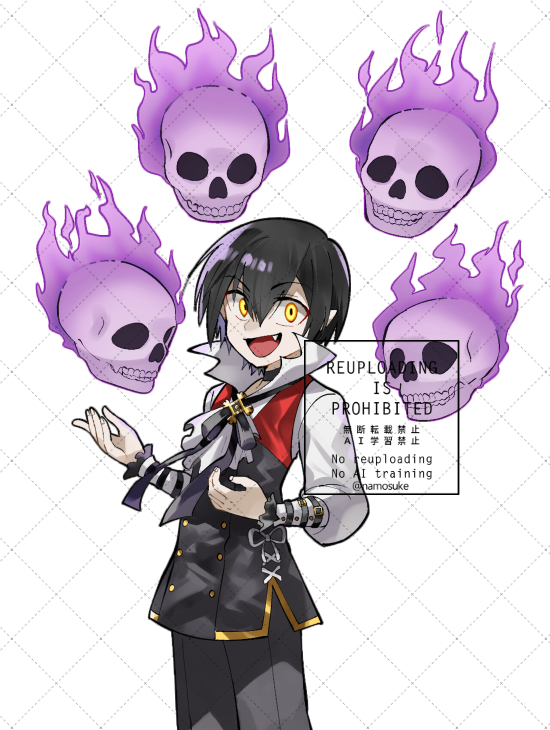 1boy :d black_cross_tie black_hair black_pants black_vest commentary_request cowboy_shot despair_god_morroc fang fire flaming_skull floating_skull hair_between_eyes looking_at_viewer male_focus medium_hair namosuke_(oetwmkekmz) open_mouth pants pointy_ears popped_collar purple_fire ragnarok_online shirt short_hair simple_background skull smile solo vest watermark watermark_grid white_background white_shirt yellow_eyes