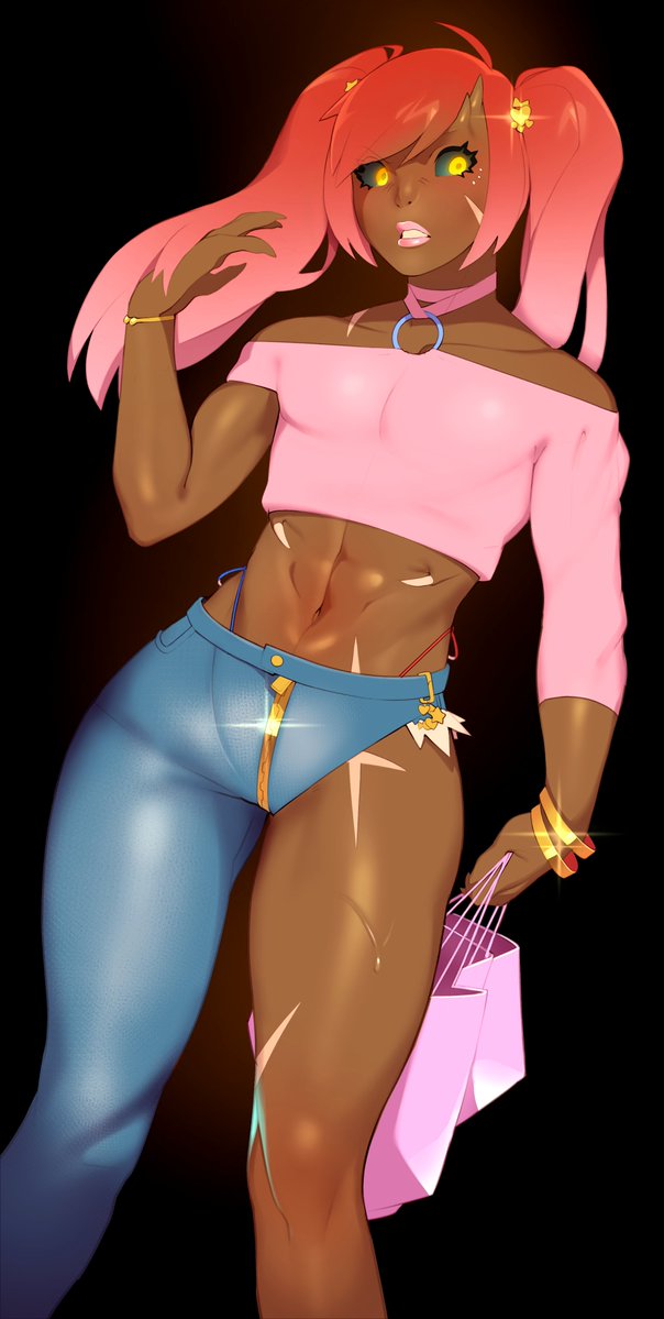 1boy abs ahoge asymmetrical_clothes bag bangle bare_shoulders black_background black_sclera blue_pants blush bracelet choker collarbone colored_sclera combos_&amp;_doodles commentary crop_top dark-skinned_male dark_skin demon_boy demon_girl denim doom_(series) english_commentary facial_scar feet_out_of_frame fingernails glowing glowing_eyes gold_bracelet hair_flip hair_ornament hdoom heart heart_hair_ornament highleg highleg_panties humanization id_software imp_(doom) jeans jewelry lipstick long_hair looking_at_viewer makeup male_focus midriff monster_girl navel o-ring o-ring_top off-shoulder_shirt off_shoulder panties pants pink_choker pink_lips pink_shirt scar scar_on_cheek scar_on_face scar_on_leg sharp_fingernails shirt shopping_bag side-tie_panties single_pantsleg solo standing sweat swept_bangs thick_thighs thighs trap twintails underwear yellow_eyes zipper_pull_tab