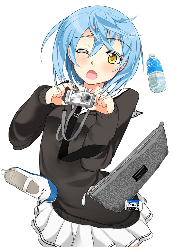 1girl blue_hair bottle camera char female_focus one_eye_closed original short_hair solo water_bottle wink yellow_eyes