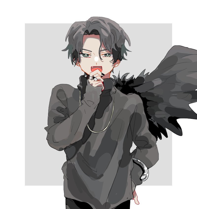1boy aqua_eyes bishounen black_feathers black_hair black_nails black_pants black_wings commentary cropped_legs fang feathered_wings feathers goth_fashion grey_background jewelry kaede_1402 kagerou_(kamen_rider_revice) kamen_rider kamen_rider_revice looking_at_viewer male_focus necklace open_mouth pants see-through_clothes see-through_sleeves short_hair single_wing smile smug solo symbol-only_commentary thumb_ring tokusatsu upper_body wings