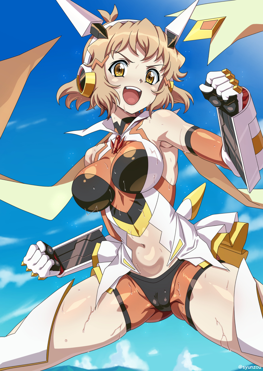 1girl bare_shoulders blush bodysuit breasts cameltoe clothing_cutout day elbow_gloves gloves hair_ornament hairclip headgear highres large_breasts light_brown_hair looking_at_viewer navel navel_cutout open_mouth orange_bodysuit orange_eyes outdoors scarf senki_zesshou_symphogear shiny_skin short_hair skindentation smile solo standing sweat syunzou tachibana_hibiki_(symphogear)
