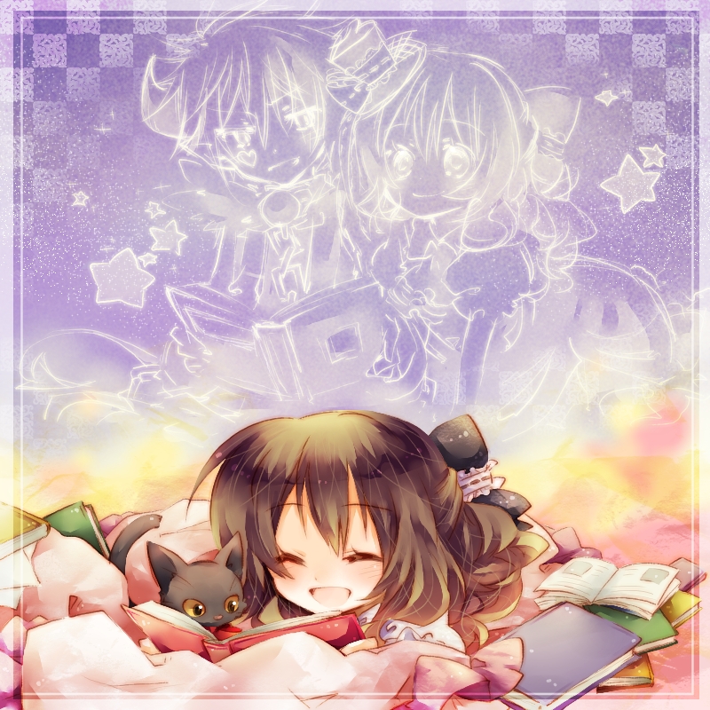 amamiya_kabosu book brown_hair cat closed_eyes henrietta_grimm long_hair muma open_book pillow reading smile star_(symbol) zettai_meikyuu_grimm
