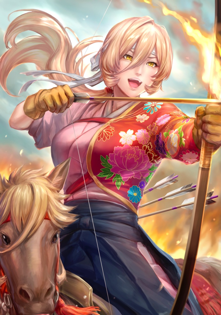 1girl aiming alternate_costume archery arrow_(projectile) blonde_hair blue_hakama blurry blurry_background bow_(weapon) breasts brown_gloves brown_horse commentary_request fiery_background fire flaming_arrow floating_hair floral_print gloves hair_between_eyes hakama hands_up headband holding holding_arrow holding_bow_(weapon) holding_weapon horseback_archery horseback_riding igote izura_mari japanese_clothes kimono large_breasts lips long_hair looking_to_the_side matching_hairstyle nijisanji nui_sociere open_mouth pink_kimono pink_lips ponytail riding sleeves_rolled_up slit_pupils smile solo teeth upper_teeth_only virtual_youtuber weapon white_headband yellow_eyes