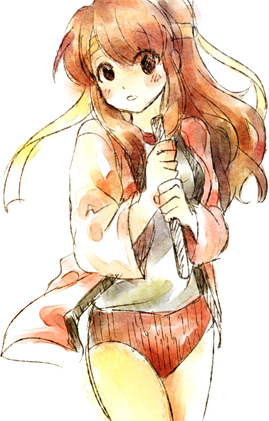1girl asahina_mikuru baton brown_eyes brown_hair buruma female_focus gym_uniform long_hair orange_buruma ponytail relay_baton solo suzumiya_haruhi_no_yuuutsu tachiuo_(arines)