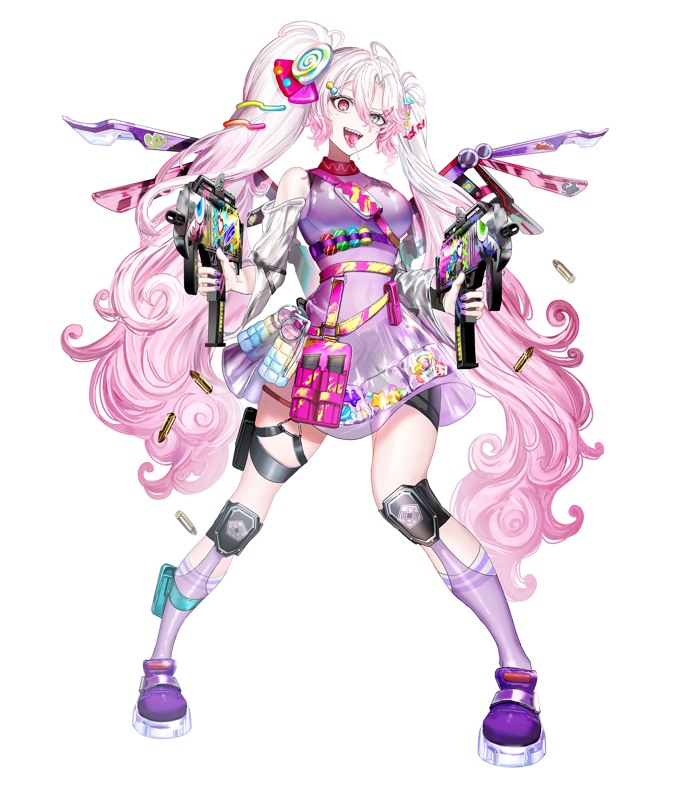 1girl :p absurdres ahoge breasts bullet candy detached_sleeves dress explosive food full_body gawako gradient_hair grenade grey_eyes grey_sleeves gun hair_between_eyes hair_ornament hairclip heterochromia highres holding holding_gun holding_weapon hysteria_eve lollipop lollipop_hair_ornament long_hair looking_at_viewer multicolored_hair official_art pink_eyes pink_hair purple_dress purple_shoes sharp_teeth shoes simple_background sleeveless sleeveless_dress socks solo specialite_(company) specialite_en standing star_(symbol) teeth tongue tongue_out transparent_background twintails upper_teeth_only very_long_hair virtual_youtuber weapon white_hair white_socks