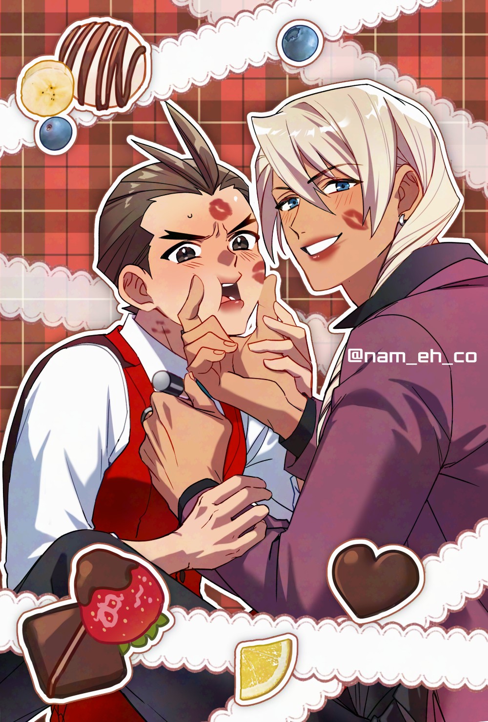 2boys ace_attorney antenna_hair apollo_justice apollo_justice:_ace_attorney banana banana_slice bite_mark bite_mark_on_neck black_pants blonde_hair blue_eyes blueberry blush brown_eyes brown_hair candy chocolate chocolate_heart drill_hair food fruit hair_between_eyes hair_over_shoulder hand_grab hand_on_another&#039;s_cheek hand_on_another&#039;s_face heart heart-shaped_food highres jacket klavier_gavin lemon lemon_slice lipstick_mark lipstick_mark_on_face lipstick_mark_on_forehead male_focus medium_hair multiple_boys nam_eh_co pants plaid_background purple_jacket red_background red_lips red_vest shirt short_hair smile strawberry twitter_username vest white_shirt yaoi