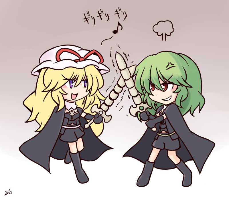 216 2girls anger_vein belt black_cape black_footwear black_gloves black_shirt black_shorts blonde_hair blush boots brown_background cape check_commentary chibi collar collared_cape commentary commentary_request cosplay elbow_gloves female_byleth_(fire_emblem) female_byleth_(fire_emblem)_(cosplay) fighting fire_emblem fire_emblem:_three_houses frilled_hat frills gloves gradient_background green_belt green_hair hat hat_ribbon holding holding_sword holding_weapon itou_shizuka jake_brito kazami_yuuka long_hair medium_hair mob_cap multiple_girls musical_note nintendo open_mouth pocket puff_of_air purple_belt purple_eyes red_eyes red_ribbon ribbon shaking shirt short_sleeves shorts signature smile sword sword_clash teeth touhou touhou_cannonball touhou_spell_bubble translation_request v-shaped_eyebrows voice_actor_connection weapon white_collar white_headwear yakumo_yukari