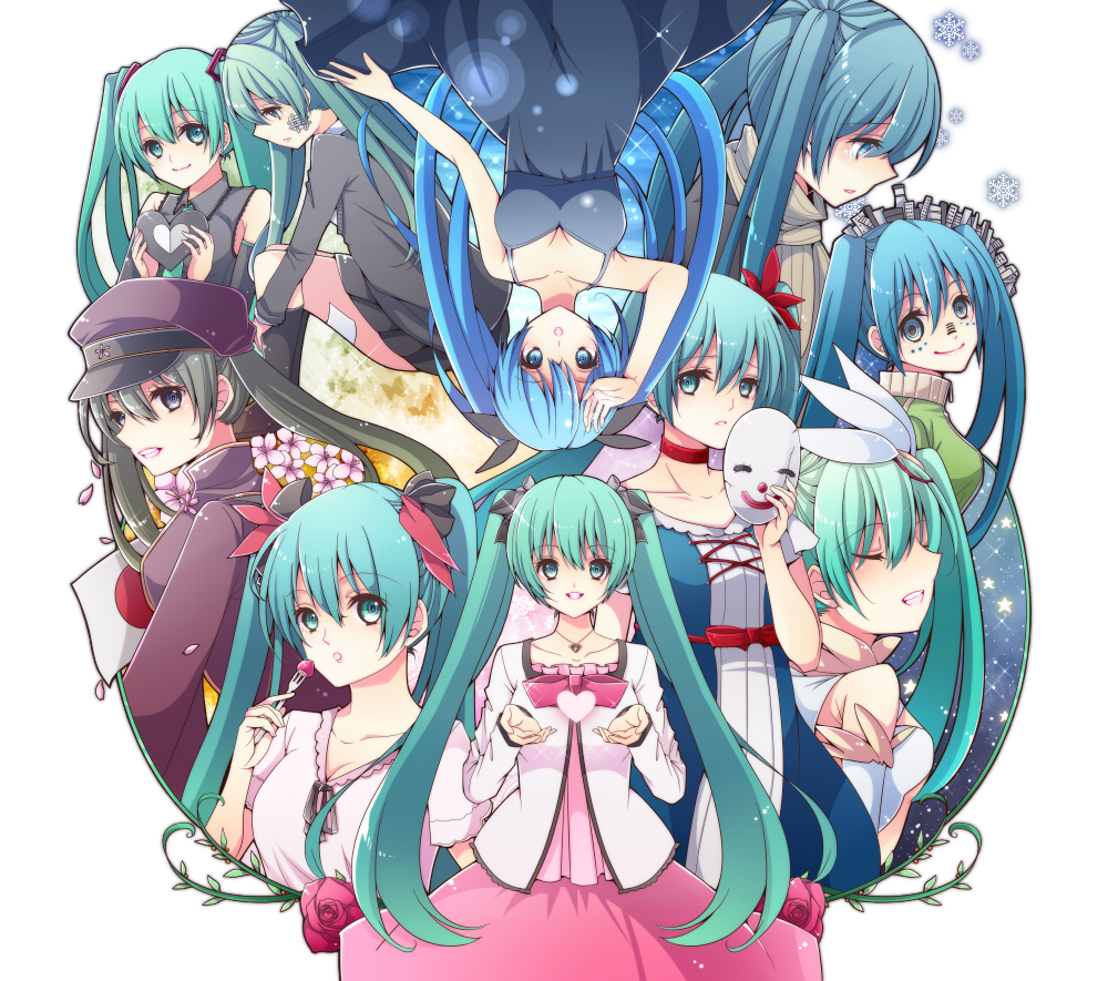 1girl aki_(chromaticclip) aqua_hair bandaid choker closed_eyes commentary_request dress duplicate flower fork hajimete_no_koi_ga_owaru_toki_(vocaloid) hat hatsune_miku hatsune_miku_(ichi_no_sakura_oka) hatsune_miku_(orbit) hatsune_miku_(regret) heart hugging_own_legs japanese_flag jewelry karakuri_pierrot_(vocaloid) kneehighs long_hair mask matryoshka_(vocaloid) melt_(vocaloid) necklace peaked_cap petals project_diva_(series) rolling_girl_(vocaloid) scarf senbonzakura_(vocaloid) shinkai_shoujo_(vocaloid) smile snowflakes socks songover spica_(vocaloid) twintails unhappy_refrain_(vocaloid) upside-down very_long_hair vocaloid world_is_mine_(vocaloid)