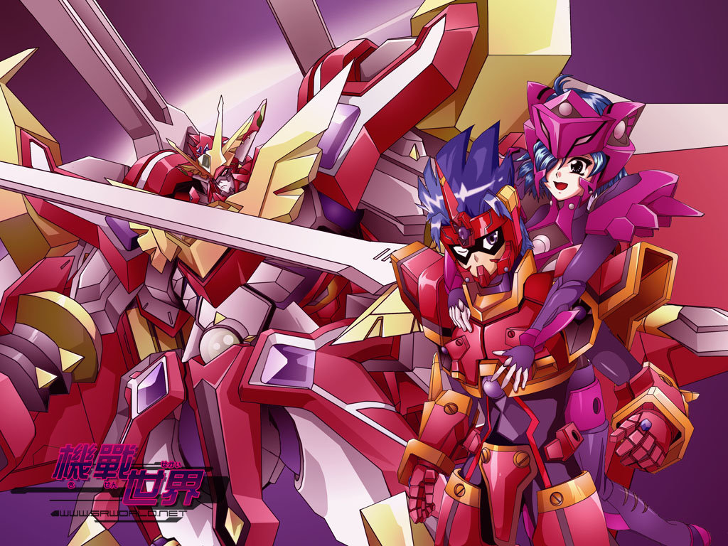 1boy 1girl armor banpresto blue_hair brother_and_sister compatible_kaiser emmy fighter_roar fingerless_gloves g-compatible_kaiser gloves hair_over_one_eye kouta_azuma mecha one_eye_closed robot shouko_azuma siblings super_robot_wars super_robot_wars_original_generation super_robot_wars_original_generation_gaiden sword weapon wink