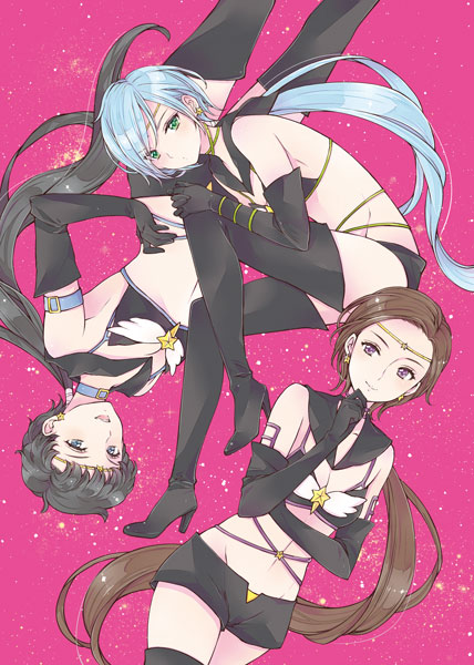 1990s_(style) 3girls bad_id bad_pixiv_id bikini bishoujo_senshi_sailor_moon bishoujo_senshi_sailor_moon_sailor_stars bishoujo_senshi_sailor_moon_stars black_footwear black_gloves black_hair black_legwear blue_eyes blue_hair boots brown_hair circlet earrings elbow_gloves flat_chest gloves green_eyes groin hair_tie high_heel_boots high_heels jewelry multiple_girls ponytail purple_eyes retro_artstyle sailor_star_fighter sailor_star_healer sailor_star_maker sami_(3a3i3a3i) seiya_kou short_shorts shorts swimsuit taiki_kou thigh_boots thighhighs yaten_kou