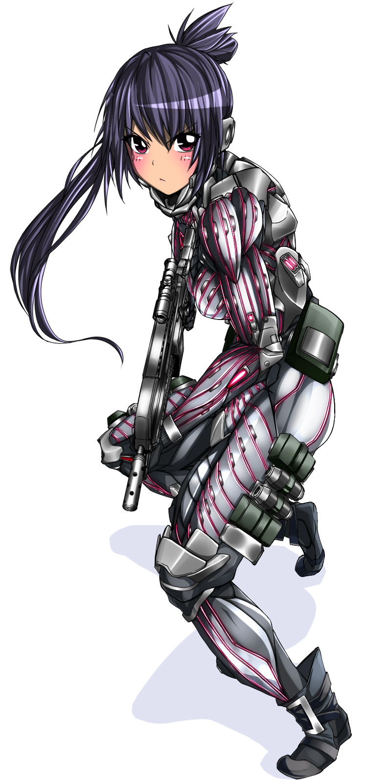 1girl armor bodysuit crysis female_focus full_body gun highres long_hair miitoban ponytail power_suit purple_hair red_eyes simple_background solo tsurime weapon white_background