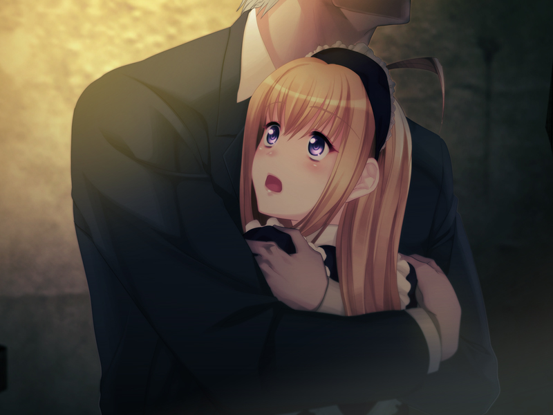 1boy 1girl ahoge anna_(gekkou_no_carnevale) black_jacket blonde_hair game_cg gekkou_no_carnevale hair_between_eyes head_out_of_frame height_difference hug indoors jacket long_hair long_sleeves maid maid_headdress oosaki_shin&#039;ya purple_eyes