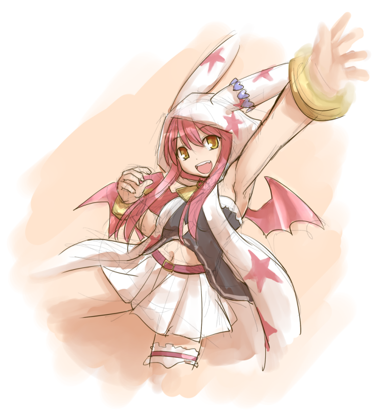 1girl animal_hood bat_wings cloak cropped_legs emil_chronicle_online female_focus frilled_thigh_strap gradient_background hood kasuga_yukihito long_hair mini_wings mitama_nanai navel open_mouth pink_hair rabbit_hood sidelocks skirt smile solo thigh_strap waving wings yellow_eyes