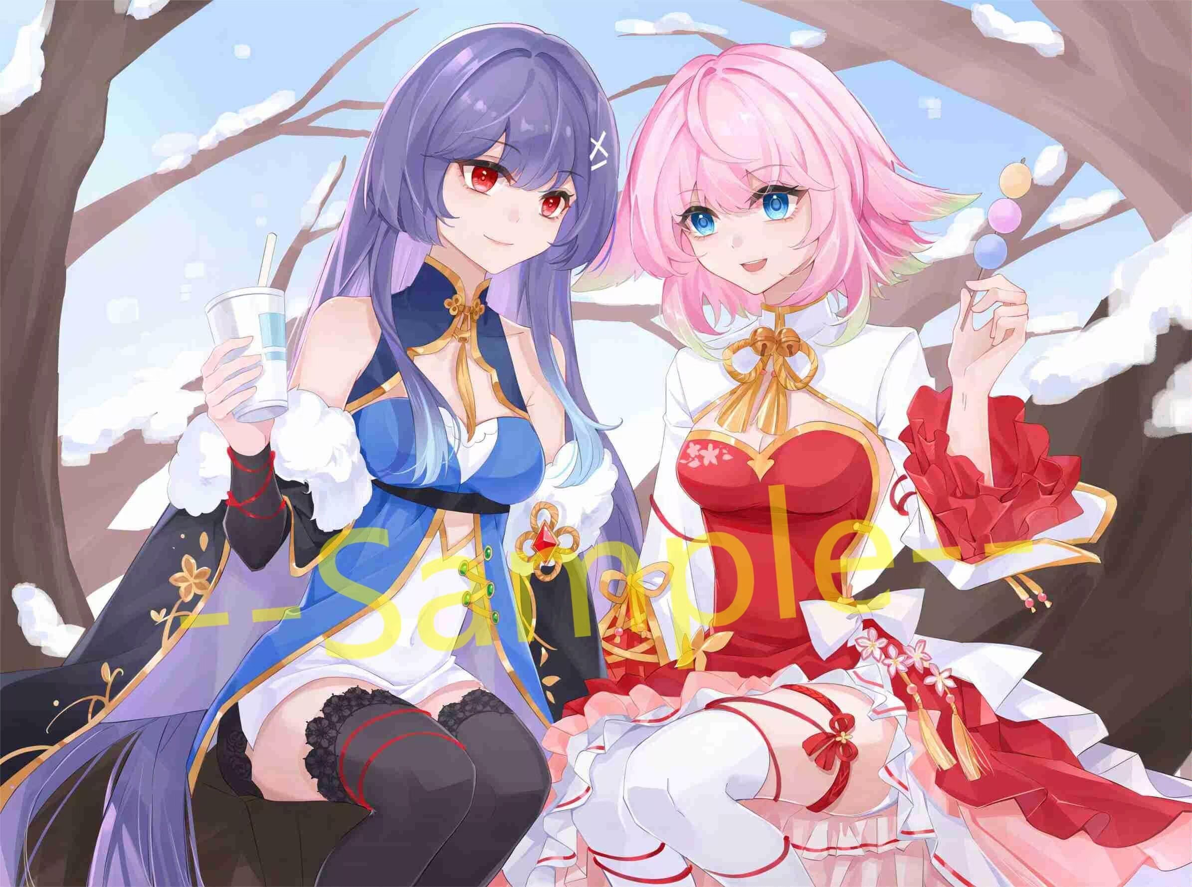 2girls :d alternate_costume bare_shoulders blue_eyes blue_sky breasts china_dress chinese_clothes cleavage closed_mouth cup dango dress drink english_text food gradient_hair green_hair hair_between_eyes hair_flaps hair_ornament highres holding holding_cup holding_drink holding_food jinan_(warship_girls_r) long_hair long_sleeves multicolored_hair multiple_girls nihongdengxiade_mcvvv0v0 open_mouth outdoors pink_hair purple_hair red_dress red_eyes sample_watermark sanshoku_dango short_hair sitting sky sleeveless sleeveless_dress smile snow thighhighs tree wagashi warship_girls_r watermark white_dress yingtan_(warship_girls_r)