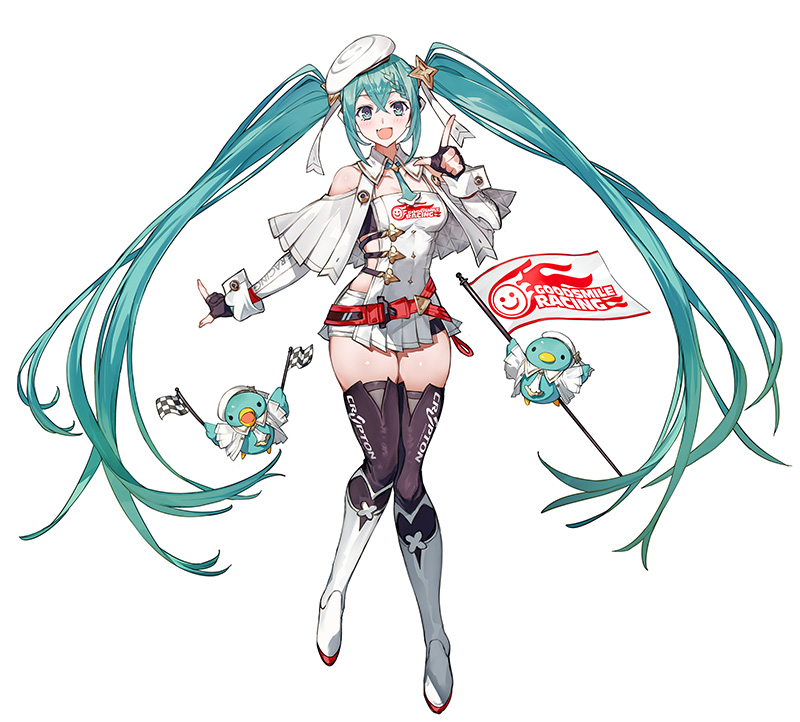 1girl 2023 animal aqua_eyes aqua_hair bare_shoulders belt beret bird black_gloves black_thighhighs boots breasts capelet checkered_flag clothing_cutout collar collarbone duck fingerless_gloves flag flame_print full_body gloves goodsmile_company goodsmile_racing hair_ornament hair_ribbon hand_up hat hatsune_miku holding holding_flag index_finger_raised logo long_hair medium_breasts microskirt necktie official_alternate_costume official_art racing_miku racing_miku_(2023) ribbon second-party_source shoulder_cutout sideless_outfit skindentation skirt smile smiley_face standing star_(symbol) star_hair_ornament thick_thighs thigh_boots thighhighs thighs toridamono twintails very_long_hair vocaloid white_background white_capelet white_hat white_ribbon
