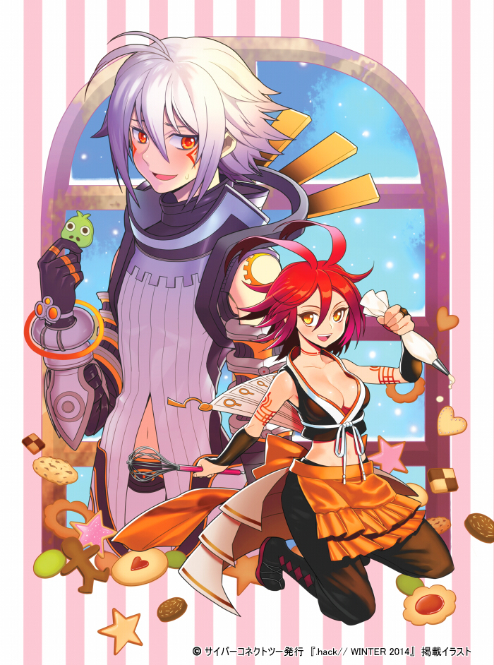 .hack// .hack//g.u. 1boy 1girl ahoge alkaid_(.hack//) antenna_hair bad_id bad_pixiv_id breasts cleavage gloves haseo_(.hack//) holding midriff open_mouth short_hair smile souma_kira spiked_hair tattoo white_hair