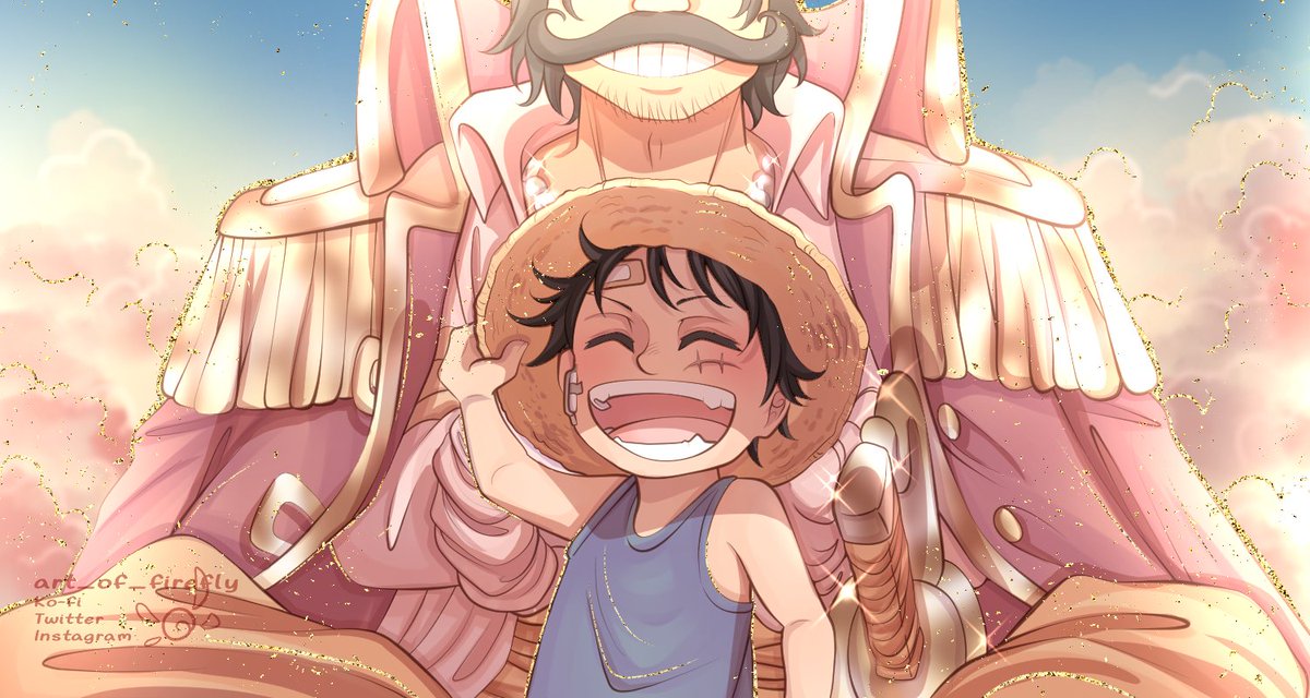 2boys ^_^ aged_down art-of-firefly bandaid bandaid_on_face black_hair child closed_eyes collared_coat commentary crossed_arms day english_commentary epaulettes facial_hair from_below gol_d._roger hand_on_headwear hat male_focus monkey_d._luffy multiple_boys mustache one_piece orange_sash outdoors scene_reference sitting sky smile straw_hat sword tank_top weapon