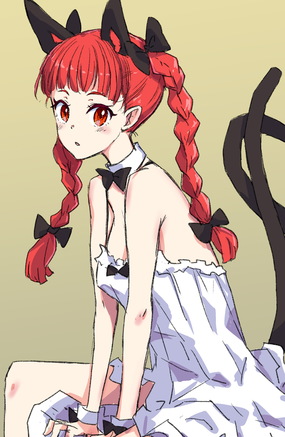 1girl alternate_costume animal_ears blush braid brown_background cat_ears cat_tail commentary_request detached_collar dress extra_ears highres jack_(wkm74959) kaenbyou_rin long_hair looking_at_viewer multiple_tails one-hour_drawing_challenge open_mouth red_eyes red_hair side_braids simple_background sitting solo tail touhou two_side_up two_tails white_dress wrist_cuffs