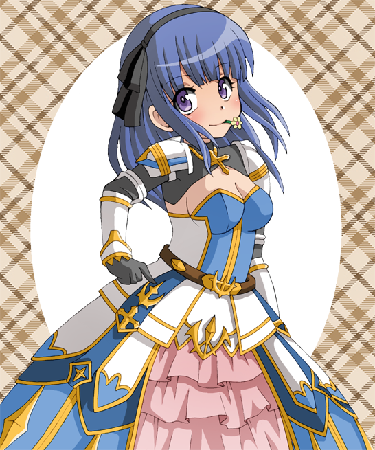 1girl armor armored_dress black_gloves black_hairband blue_hair blunt_bangs blush breasts brown_background cleavage closed_mouth commentary_request cowboy_shot dress faulds flower flower_in_mouth gloves hairband long_hair looking_at_viewer medium_breasts monou0135 official_alternate_costume pauldrons pink_skirt plaid_background purple_eyes ragnarok_online royal_guard_(ragnarok_online) shoulder_armor shrug_(clothing) skirt smile solo