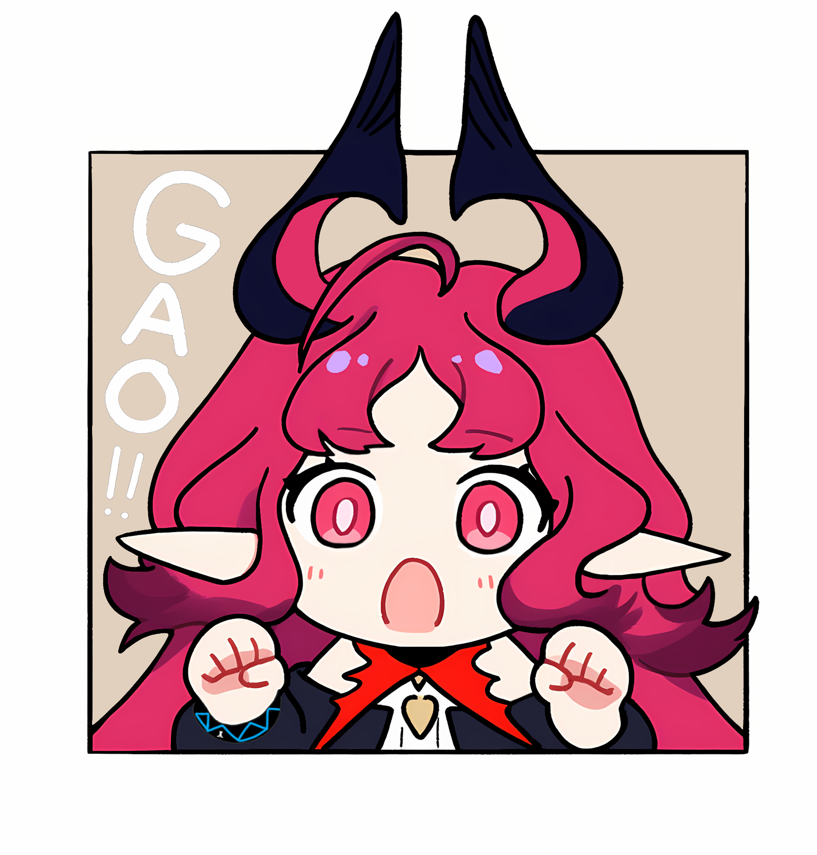 1girl :o ahoge arknights border bright_pupils chibi chibi_only commentary english_commentary gao highres infection_monitor_(arknights) long_hair looking_at_viewer lucia_(luciatehe) no_nose nymph_(arknights) open_mouth outside_border paw_pose pink_eyes pink_hair pointy_ears solo sound_effects split_mouth white_border white_pupils
