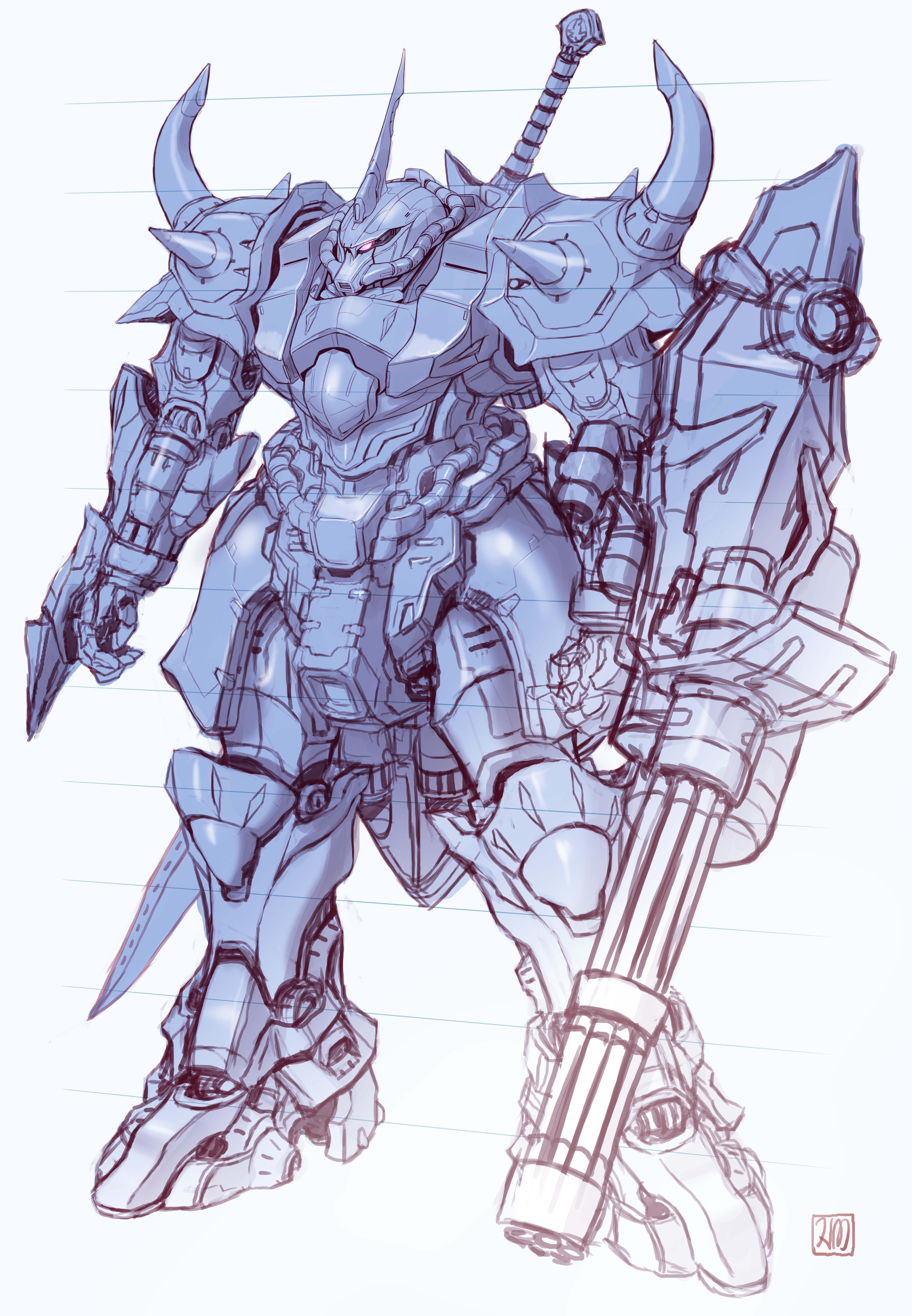 absurdres cable commentary_request gatling_gun gouf gouf_custom gundam gundam_08th_ms_team highres hose machinery maeda_hiroyuki mecha mecha_focus mobile_suit no_humans one-eyed original redesign robot science_fiction shoulder_spikes signature sketch spikes sword tube unfinished weapon white_background zeon