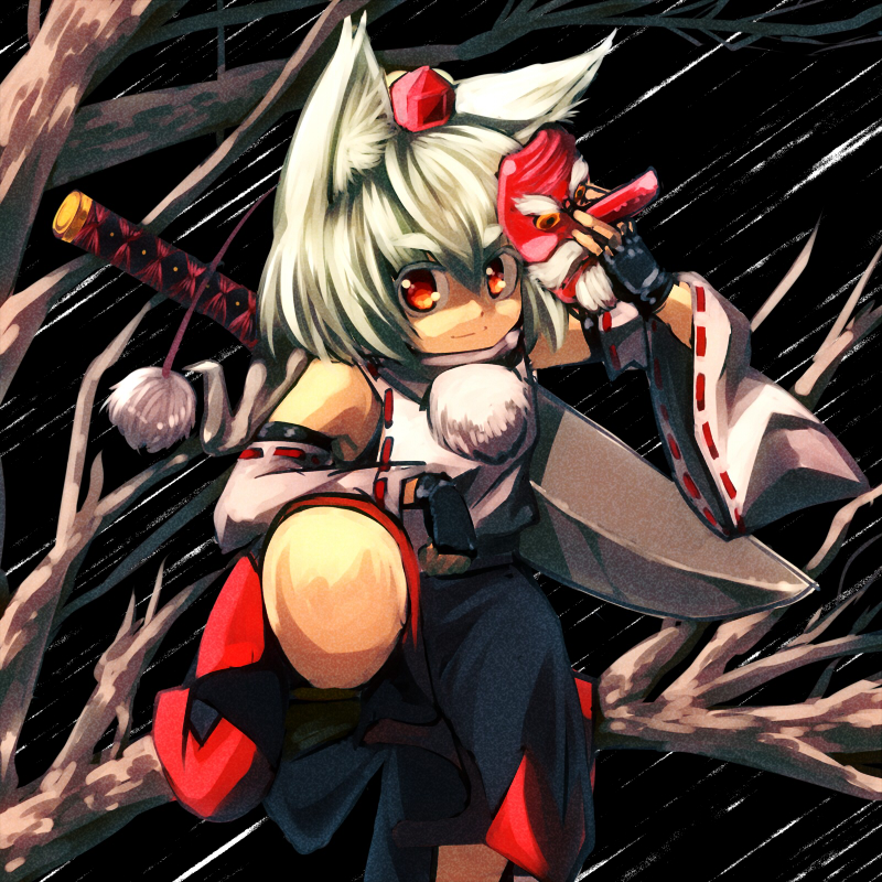 1girl animal_ears detached_sleeves female_focus fingerless_gloves gloves gojuuroku hat hilt inubashiri_momiji isoroku_(gojuuroku) mask red_eyes short_hair silver_hair skirt smile solo sword tengu tengu_mask tokin_hat touhou branch weapon wolf_ears