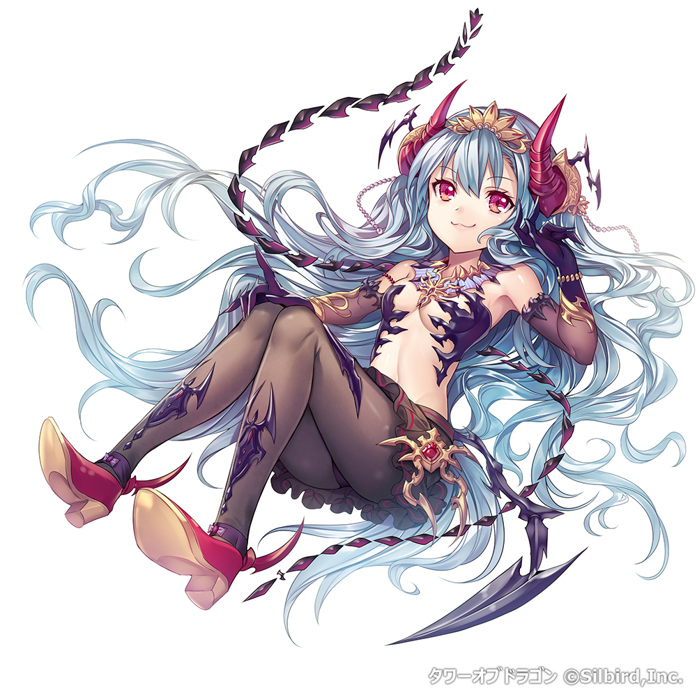 1girl :3 armpits bare_shoulders beads blue_hair breasts company_name demon_girl elbow_gloves eyebrows fang female_focus gloves headpiece horns jewelry long_hair looking_at_viewer madogawa navel necklace official_art original pantyhose pleated_skirt red_eyes shoes simple_background skirt small_breasts smile solo tower_of_dragon very_long_hair white_background
