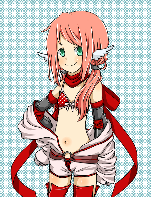 1girl bikini bikini_under_clothes blush closed_mouth commentary_request cowboy_shot elbow_gloves feathers flat_chest gingham_background gloves green_eyes hair_over_shoulder head_wings jumpsuit jumpsuit_around_waist long_hair looking_at_viewer low_twintails mechanic_(ragnarok_online) meiko_(nattu303) navel pink_hair polka_dot polka_dot_background ragnarok_online red_bikini red_gloves red_thighhighs sleeves_past_fingers sleeves_past_wrists smile solo swimsuit thighhighs twintails white_jumpsuit white_wings wings
