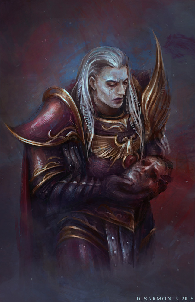 2018 aquila_(symbol) armor artist_name black_hair braid breastplate brothers crying decapitation ferrus_manus fulgrim gauntlets gold_trim holding holding_detached_head holding_detached_head imperial_aquila long_hair pauldrons power_armor primarch purple_armor sad severed_head shoulder_armor siblings signature simple_background veronica_anrathi warhammer_40k white_hair
