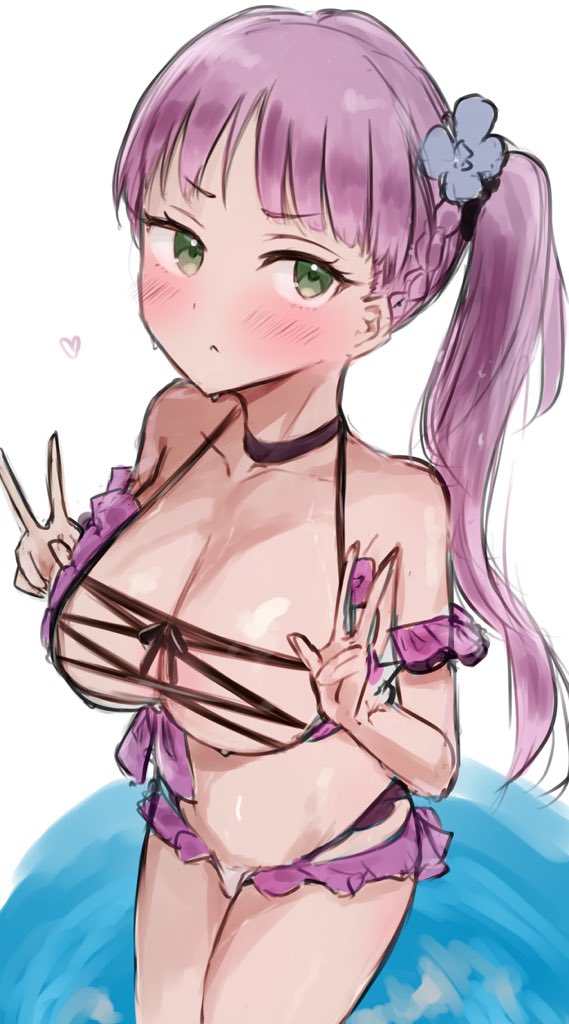 1girl :&lt; bikini blue_flower blunt_bangs blush braid breasts cleavage closed_mouth collarbone commentary cowboy_shot cross-laced_bikini cross-laced_clothes double_v flower frilled_bikini frills frown green_eyes hair_flower hair_ornament hashtag-only_commentary large_breasts long_hair looking_at_viewer love_live! love_live!_days:_love_live!_general_magazine love_live!_superstar!! off-shoulder_bikini off_shoulder official_alternate_costume purple_hair side_braids side_ponytail solo swimsuit syoma_(1026syoma) v wien_margarete