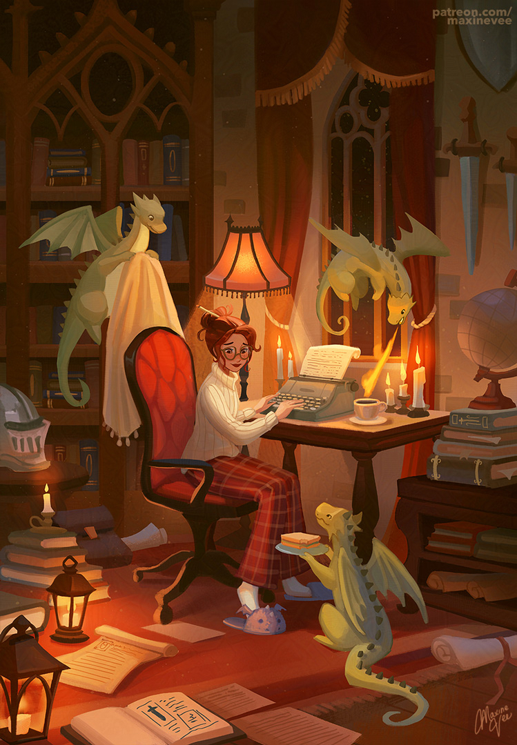 1girl animal_slippers blush book book_stack bookshelf breath_weapon breathing_fire candle closed_mouth commentary cup curtains dragon fire floor_lamp food full_body glasses globe green_scales grey_slippers hair_bun helmet holding holding_plate holding_shawl indoors lamp lantern looking_at_animal maxine_vee night open_book original pants paper parchment patreon_username pencil_in_hair plaid_clothes plaid_pants plate red_hair red_lips red_pants rug sandwich saucer scrunchie shawl signature single_hair_bun slippers small_dragon socks solo stone_wall sweater teacup typewriter typing white_shawl white_socks white_sweater window wooden_floor