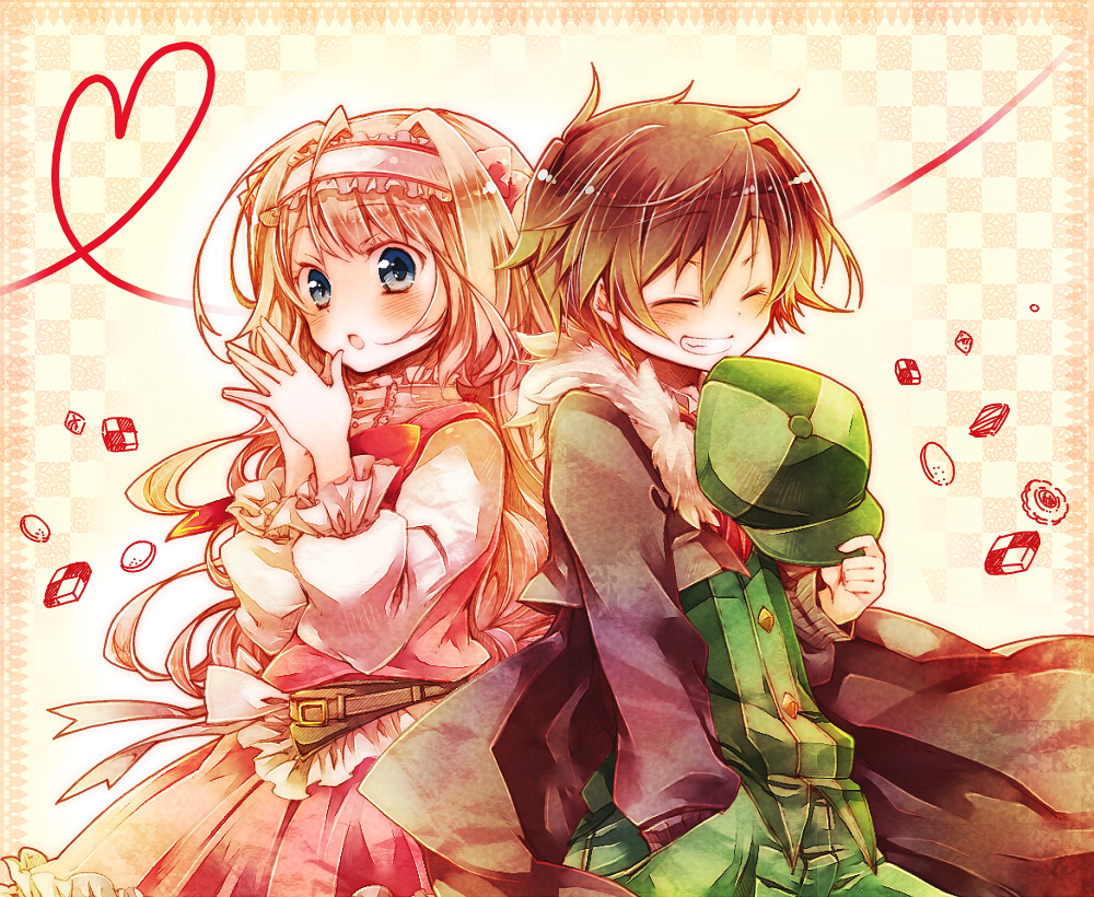 1boy 1girl amamiya_kabosu blonde_hair border brown_hair closed_eyes detective dress frills gradient_background hat long_hair smile