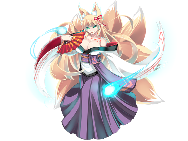 1girl animal_ear_fluff animal_ears bare_shoulders blonde_hair blue_fire breasts chest_tattoo cleavage eyeliner fire folding_fan fox_ears fox_girl fox_tail game_cg glowing glowing_eyes green_eyes hair_between_eyes hair_ornament hand_fan holding holding_fan japanese_clothes kimono kitsune large_breasts long_hair long_sleeves looking_at_viewer makeup mon-musu_quest! mon-musu_quest:_paradox monster_girl multiple_tails non-web_source off_shoulder partially_shaded_face shiki_(psychedelic_g2) smile solo standing tail tamamo_(mon-musu_quest!) tamamo_(monster_realm)_(mon-musu_quest!) tattoo variant_set wide_sleeves