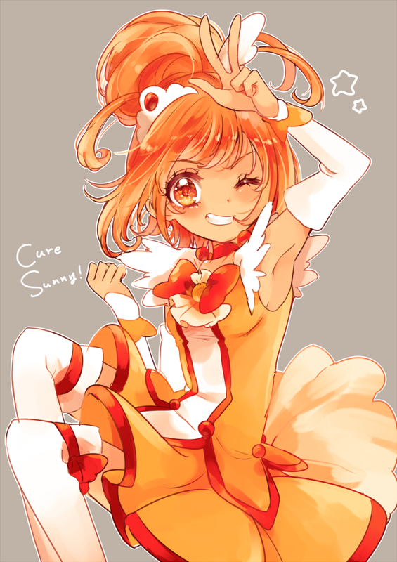 10s 1girl arm_up arm_warmers armpits bike_shorts boots bow character_name choker cure_sunny female_focus grey_background grin hair_bun hino_akane_(smile_precure!) magical_girl matching_hair/eyes one_eye_closed orange_bow orange_eyes orange_hair orange_skirt orange_theme precure short_hair shorts shorts_under_skirt single_hair_bun skirt smile smile_precure! solo thigh_boots thighhighs uzuki_aki v white_boots white_thighhighs