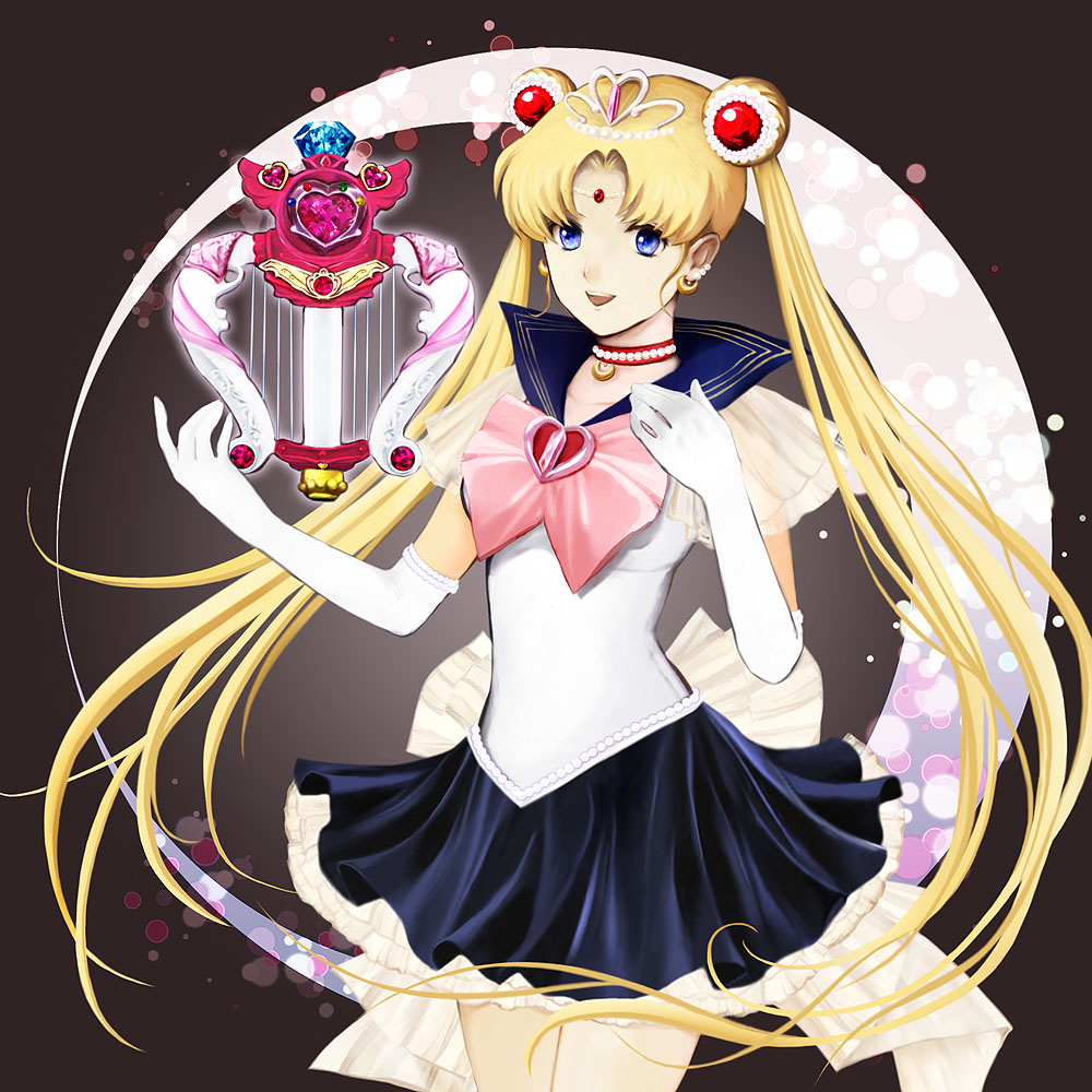 1girl :d bad_id bad_pixiv_id bishoujo_senshi_sailor_moon blonde_hair blue_sailor_collar bow brooch choker cowboy_shot crescent_moon double_bun earrings elbow_gloves female_focus floating floating_object gem gloves hair_bun hair_ornament harp heart heart_brooch instrument jewelry l_(lebata96) long_hair moon open_mouth parted_bangs pearl_(gemstone) pink_bow pretty_guardian_sailor_moon princess_sailor_moon sailor_collar sailor_moon shirataki_kaiseki smile solo stud_earrings tiara tsukino_usagi twintails very_long_hair white_gloves