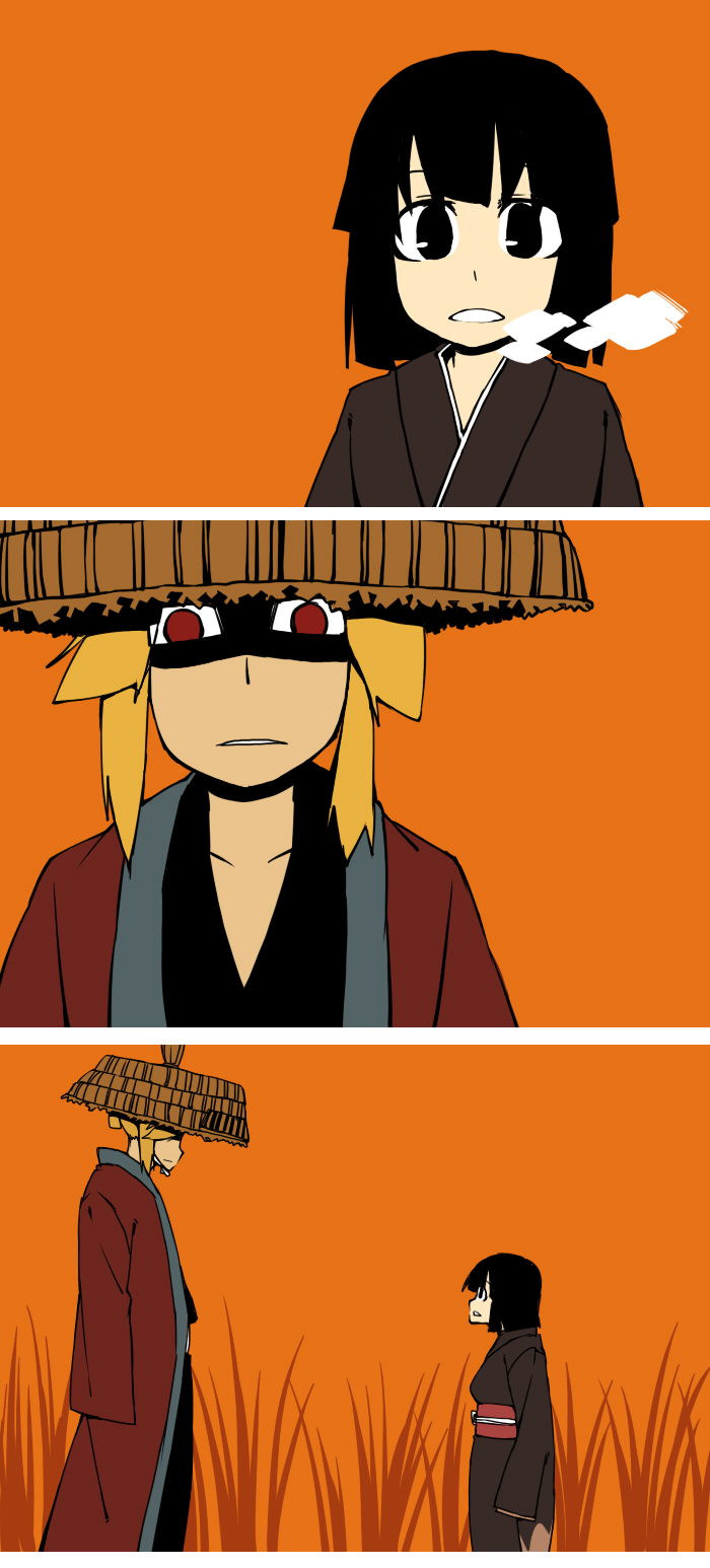 2girls alternate_costume bad_id bad_pixiv_id breath comic female_focus highres hoshiguma_yuugi japanese_clothes multiple_girls original silent_comic touhou yaza