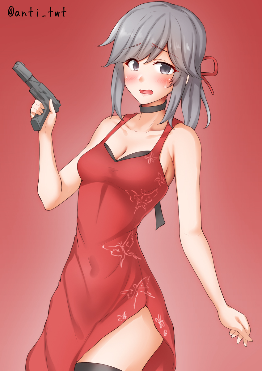 1girl alternate_costume anti_(untea9) black_choker black_thighhighs breasts brown_eyes choker cleavage cz_75 dress gradient_background grey_hair gun handgun highres kantai_collection medium_breasts ponytail red_background red_dress side_slit sleeveless sleeveless_dress solo thighhighs twitter_username usugumo_(kancolle) weapon