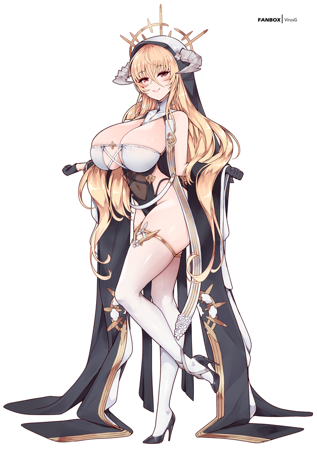 1girl azur_lane black_gloves black_shoes blonde_hair breasts commission covered_navel dress fake_horns full_body gloves habit hair_between_eyes half_gloves high_heels horns implacable_(azur_lane) large_breasts long_bangs long_hair_between_eyes looking_at_viewer nun pumps red_eyes revealing_clothes shoes simple_background smile solo standing standing_on_one_leg stiletto_heels thighhighs two-tone_dress veil virus-g white_background white_horns white_thighhighs