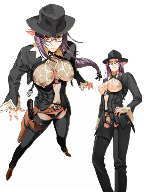 1girl belt black_panties boots braid breasts cowboy_hat cowboy_western elf facial_mark forehead_mark foreshortening from_above full_body glasses gun hair_ornament hand_on_own_hip handgun hat hip_focus holster large_breasts lily_salvatana lipstick long_hair makeup midriff multiple_views nishii_(damnedrive) nitroplus non-web_source panties pistol pointy_ears purple_hair revolver simple_background standing thigh_holster thigh_strap underboob underwear weapon zoku_satsuriku_no_django