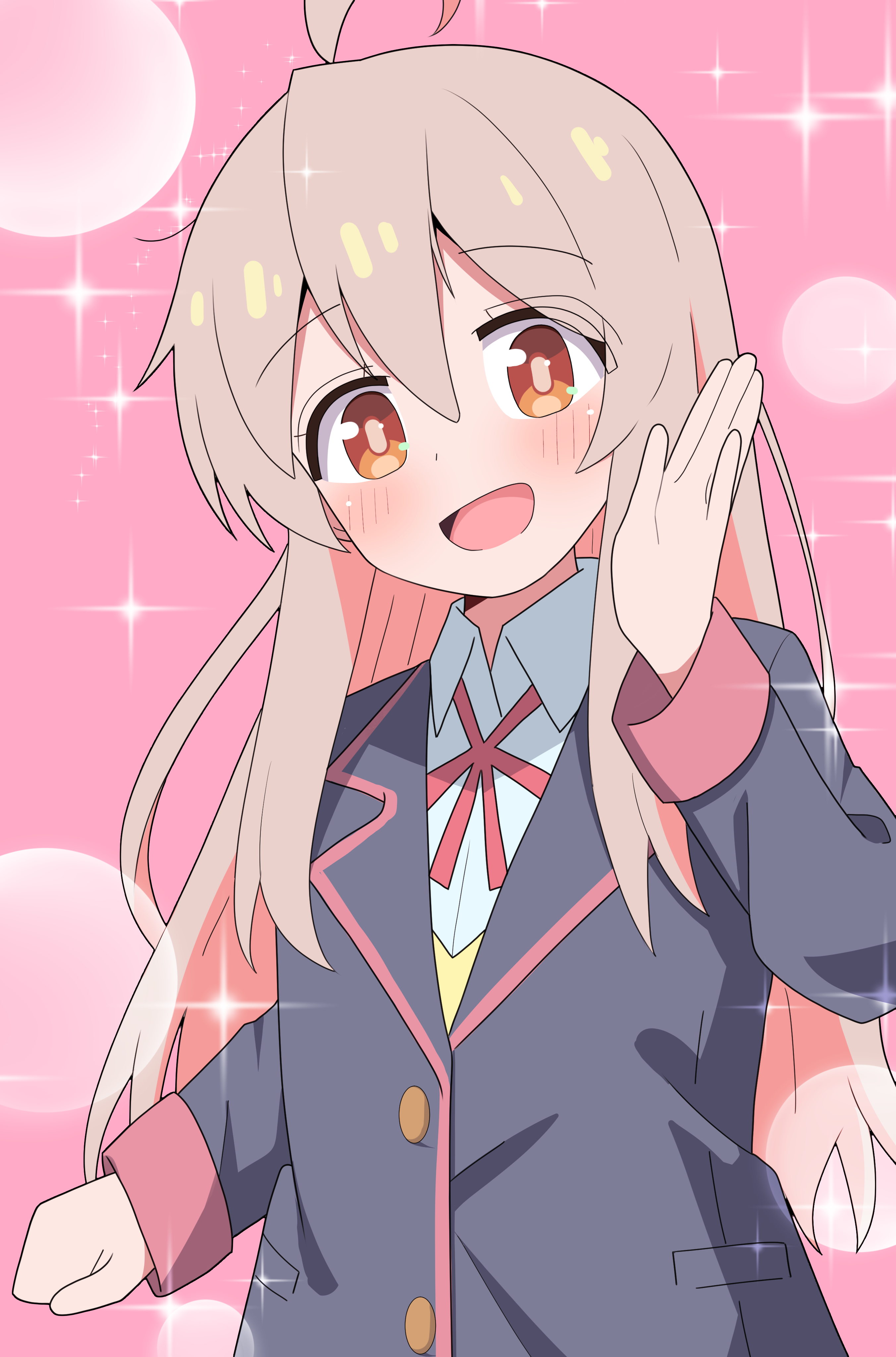1girl :d absurdres ahoge black_jacket blush brown_eyes collared_shirt commentary_request dot_nose hair_between_eyes hand_up highres hosinonana jacket long_hair long_sleeves looking_at_viewer neck_ribbon onii-chan_wa_oshimai! open_mouth oyama_mahiro pink_background pink_hair red_ribbon ribbon school_uniform shirt sidelocks smile solo sparkle upper_body white_shirt