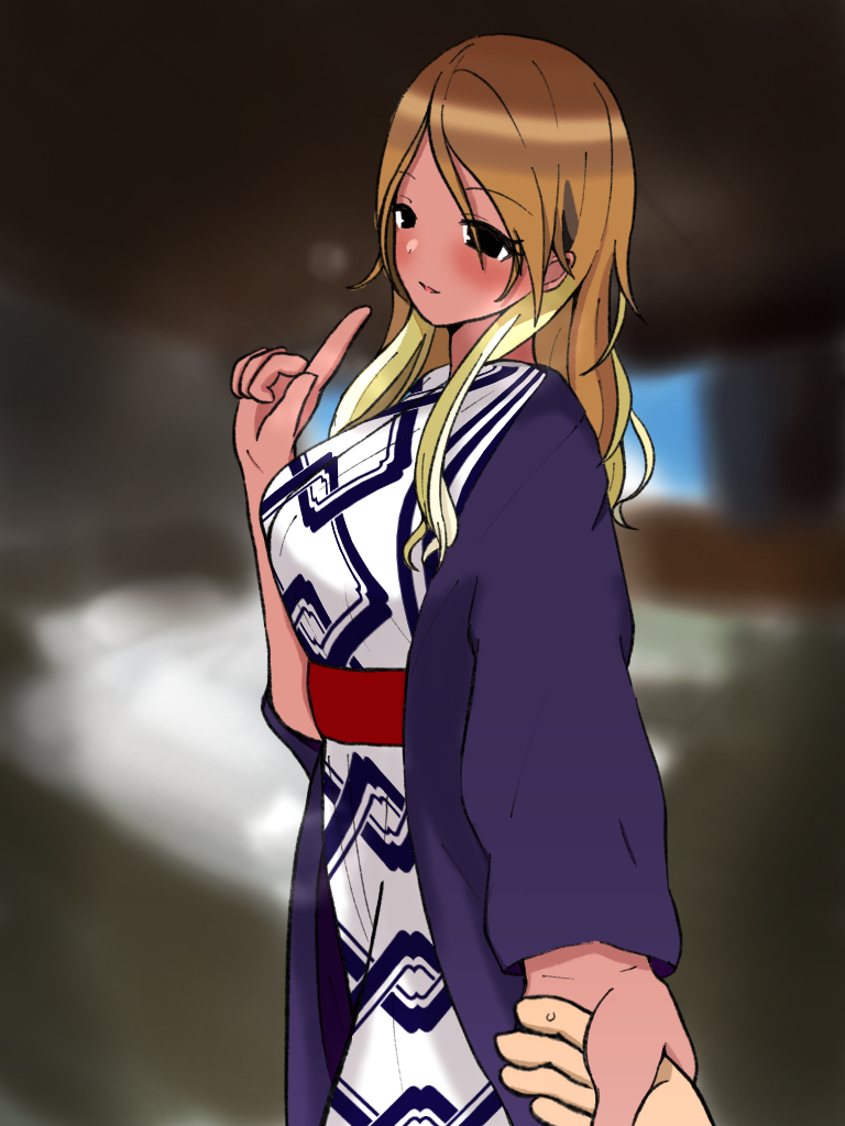 1boy 1girl bath_yukata blonde_hair blurry blush breasts brown_hair finger_to_mouth gradient_hair holding_hands hondy_(user_gcxa2842) idolmaster idolmaster_shiny_colors indoors izumi_mei japanese_clothes kimono large_breasts light_smile looking_at_viewer multicolored_hair pov pov_hands solo_focus steam yukata