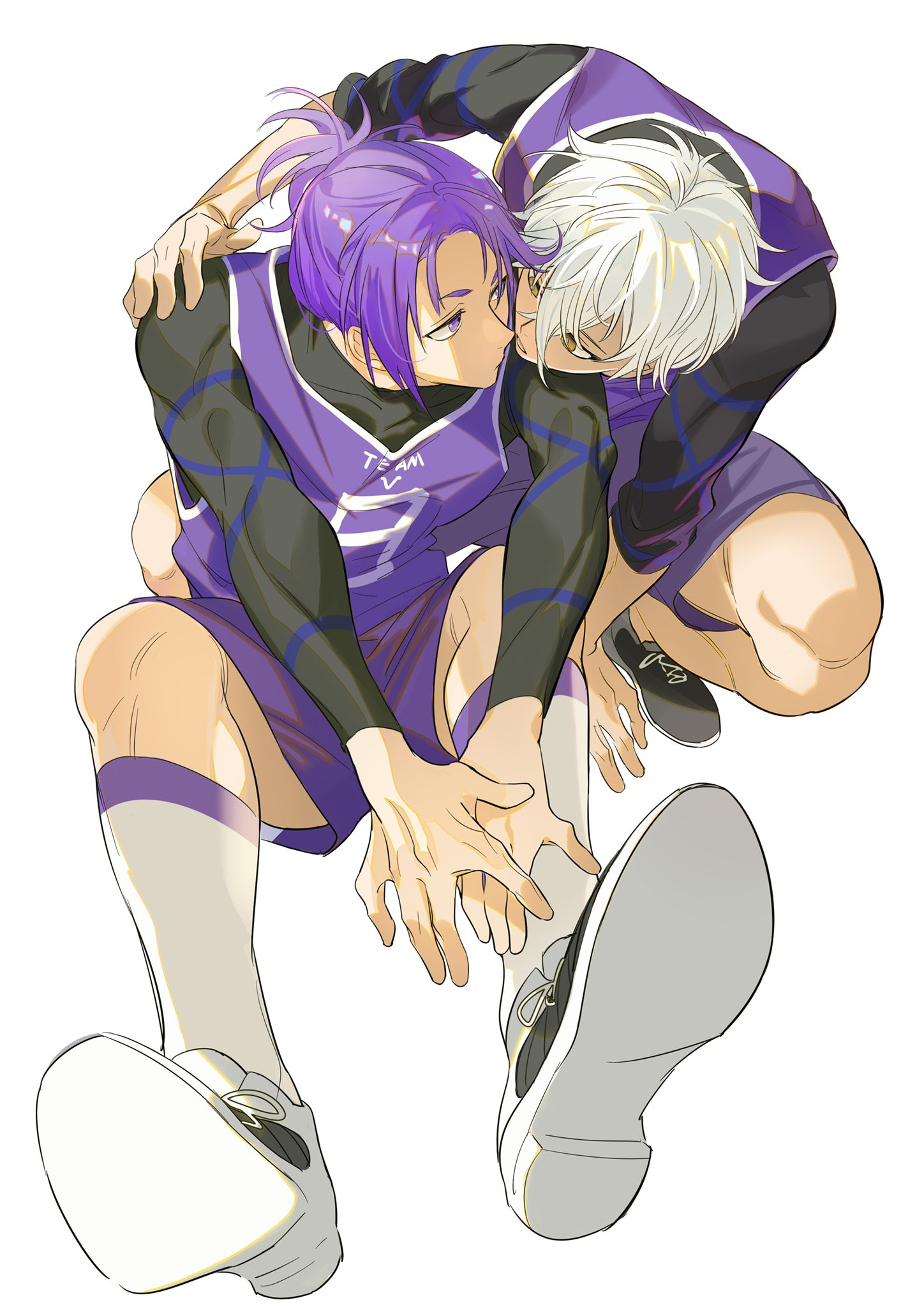2boys arm_around_shoulder arm_support black_shirt blue_lock brown_eyes commentary_request crossed_bangs gwillarmy hair_between_eyes highres knees_up long_sleeves male_focus mikage_reo multiple_boys nagi_seishirou parted_bangs parted_lips purple_eyes purple_hair purple_shorts shirt shoelaces shoes shorts simple_background sitting sleeves_rolled_up soccer_uniform socks sportswear squatting white_background white_hair white_socks