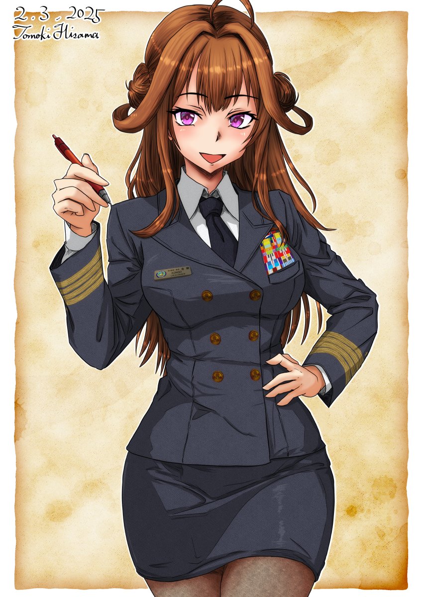 1girl ahoge alternate_costume black_jacket black_necktie black_skirt breasts brown_hair brown_pantyhose buttons collared_shirt commentary double-breasted double_bun hair_bun highres hisamatomoki holding holding_pen jacket kantai_collection kongou_(kancolle) long_hair long_sleeves medium_breasts military_dress_uniform military_rank_insignia military_uniform miniskirt naval_dress_uniform naval_uniform necktie pantyhose pen purple_eyes ribbon_bar shirt skirt solo very_long_hair white_shirt