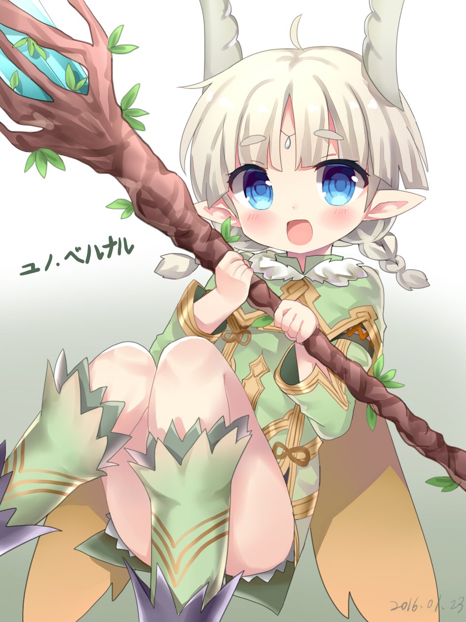 1girl ahoge blue_eyes blush braid character_name circlet dated elf female_focus highres juno_bernal open_mouth pointy_ears pop-up_story shiodome_oji silver_hair smile solo staff twin_braids